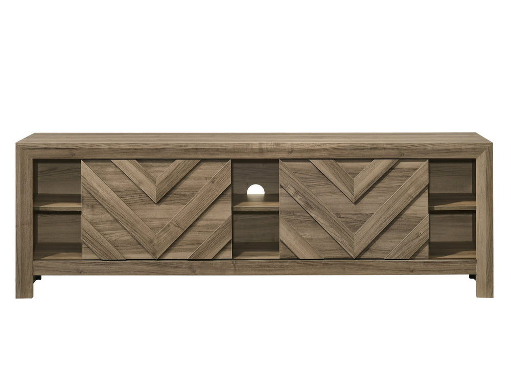 English Elm 1pc Rustic Chevron TV Stand 71.2" - Warm Wood Entertainment Console with Geometric Doors, Ample Storage B2741P383312