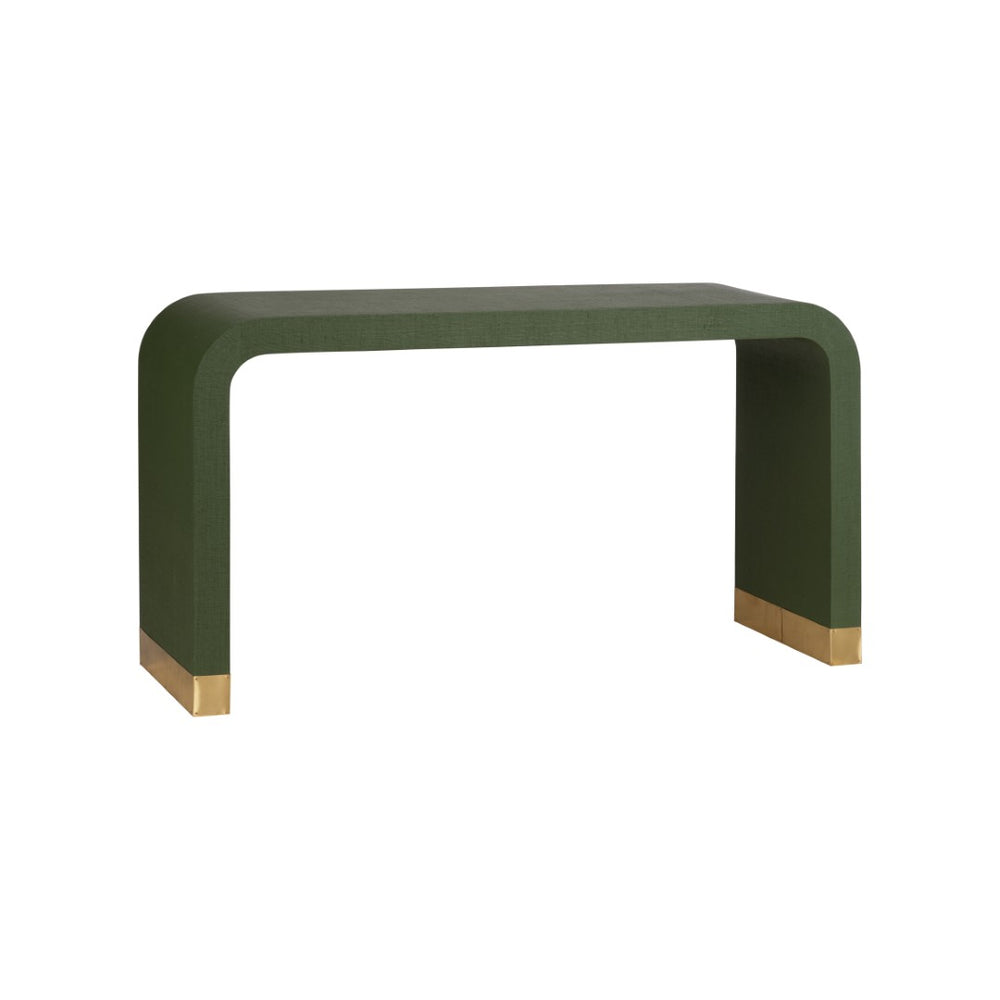 Chelsea House Waterfall Raffia Console In Green With Polished Brass Banded Feet — Sculptural Entryway Statement 370590