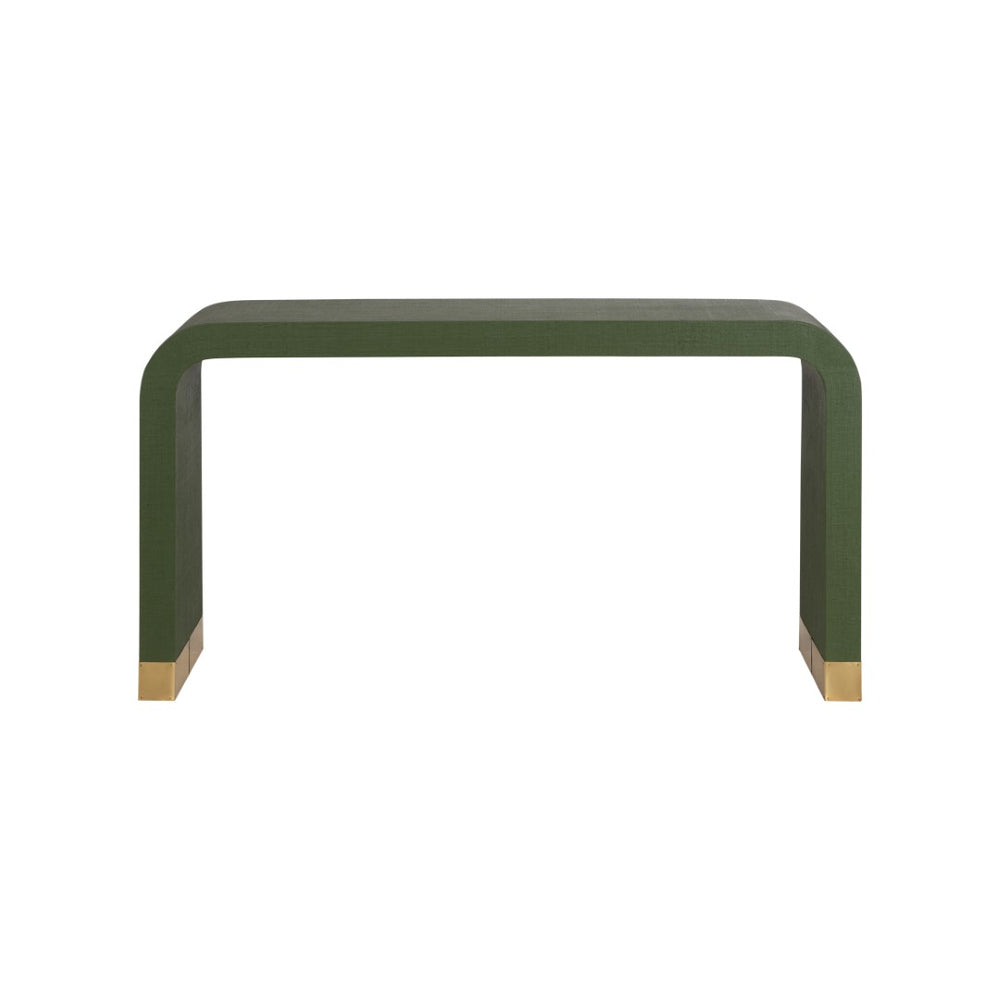 Chelsea House Waterfall Raffia Console In Green With Polished Brass Banded Feet — Sculptural Entryway Statement 370590
