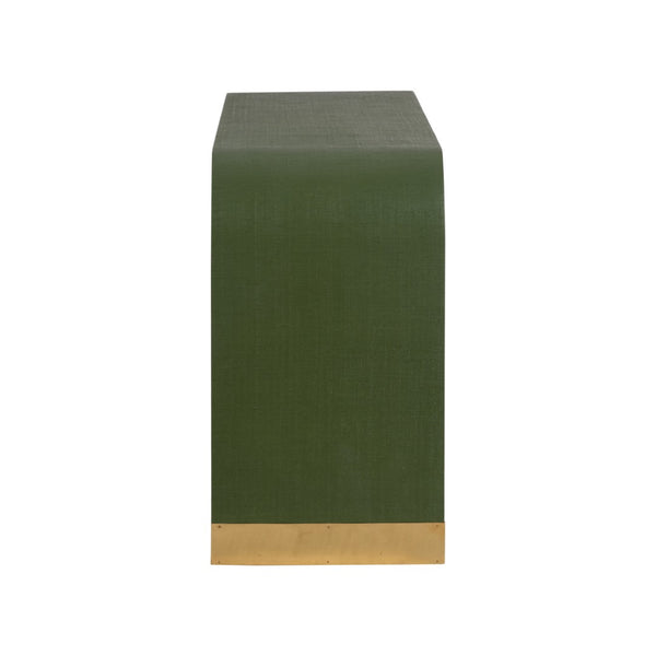 Chelsea House Waterfall Raffia Console In Green With Polished Brass Banded Feet — Sculptural Entryway Statement 370590