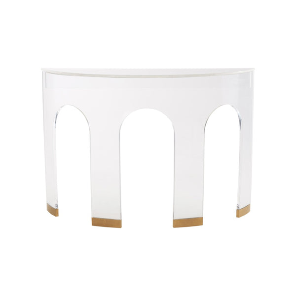 Chelsea House Marble Demilune Console By Elizabeth Wicker — Polished Marble Top, Acrylic Base, Brass Accents (36"H) 370604
