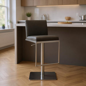 HomeRoots Dark Gray Faux Leather Adjustable Bar Chair with Silver Steel Base - Modern Comfort for Any Space 370619