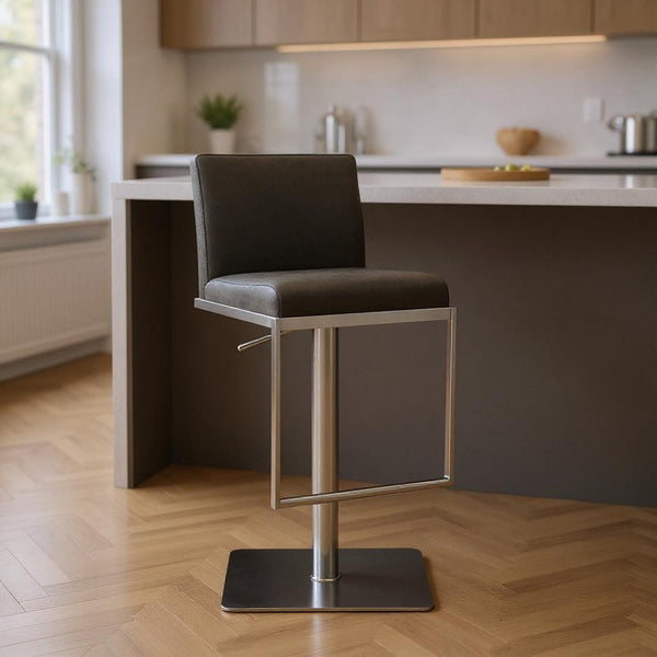 HomeRoots Dark Gray Faux Leather Adjustable Bar Chair with Silver Steel Base - Modern Comfort for Any Space 370619