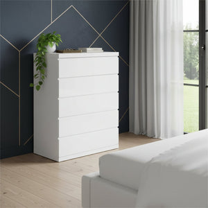 HomeRoots 36" Modern White Wood Five Drawer Dresser - Sleek Design, Self-Closing Drawers, No Assembly Needed! 370629
