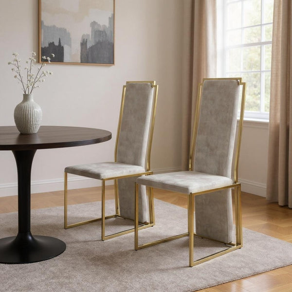 HomeRoots Set of Two Elegant Beige and Gold Upholstered Dining Chairs - Stylish, Durable, and Versatile Accent Seating 370683