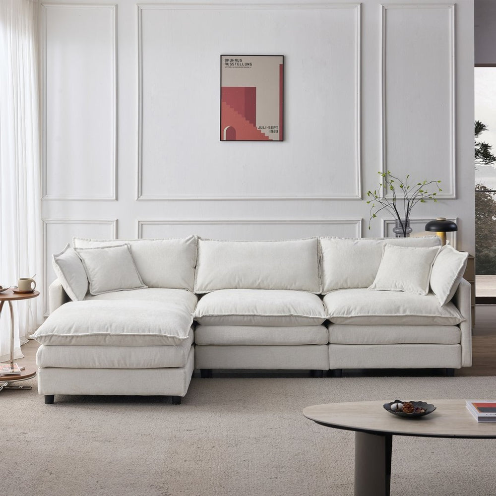 English Elm 105" L-shaped Chenille Sectional with Ottoman Pocket Spring Living Room Sofa Beige W1097S00225