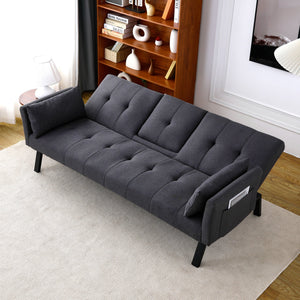 English Elm 70-inch Foldable Cotton Linen Sofa Bed with Cup Holder & Side Storage, Space-Saving 2-Seater Design DARK GREY W3371P337199