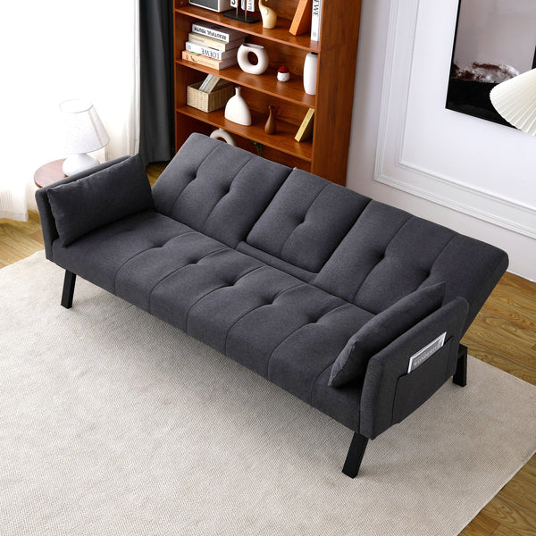 English Elm 70-inch Foldable Cotton Linen Sofa Bed with Cup Holder & Side Storage, Space-Saving 2-Seater Design DARK GREY W3371P337199