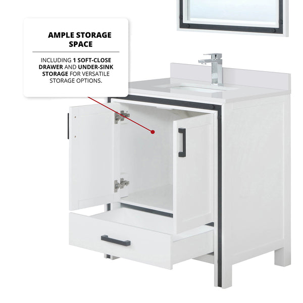 English Elm White Bath Vanity 30" W x 22" D with Cultured Marble Top, Chrome Faucet & 28" Mirror, Scratch‑Resistant B2731S01354