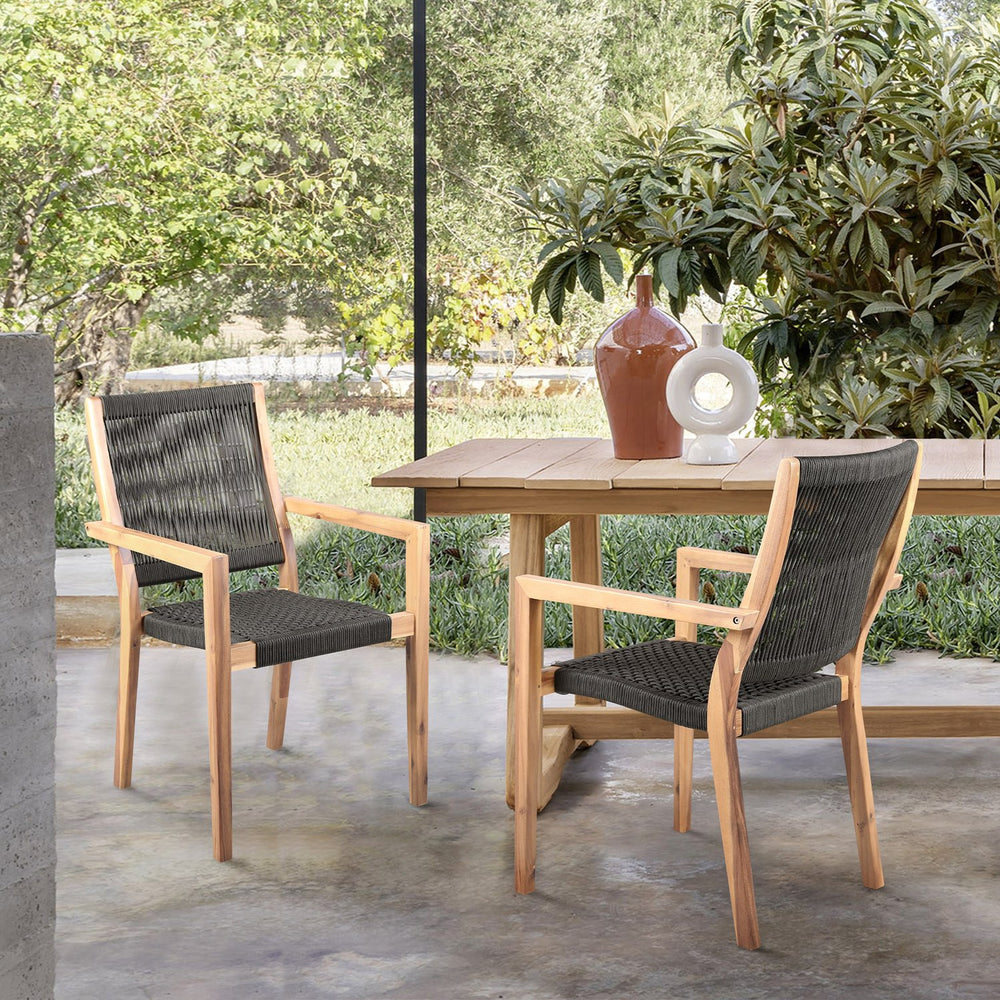 English Elm Rivani Eucalyptus Wood Outdoor Dining Chairs Set of 2 — Teak Finish, Charcoal Rope, Tall Back Comfort B2736P354401