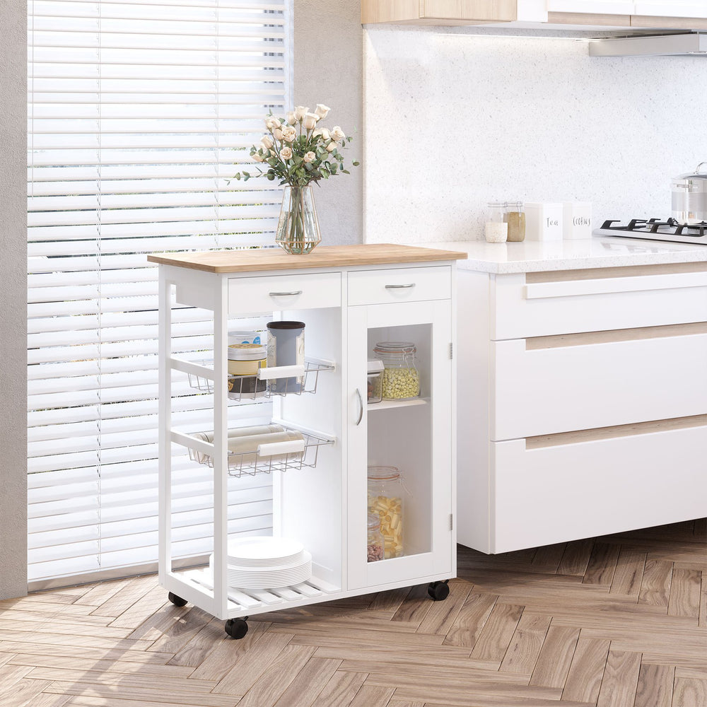 English Elm HOMCOM 28" Rolling Kitchen Island Cart with Bamboo Top, Wire Baskets, Drawers & Locking Wheels W2225P249927