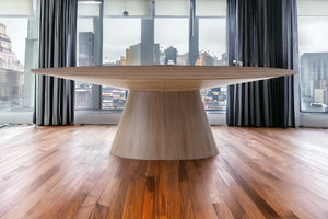 Homeroots 95" Brown Oval Solid Wood Pedestal Base Dining Table   370713