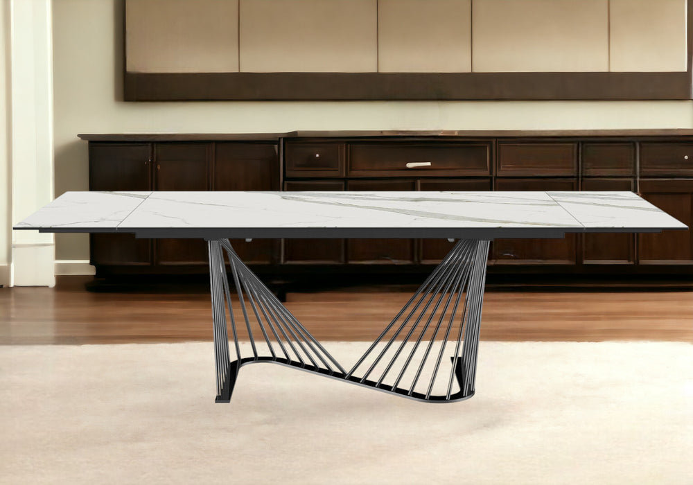 Homeroots 71" White And Black Stone And Iron Self-storing Leaf Dining Table  Ceramic 370719