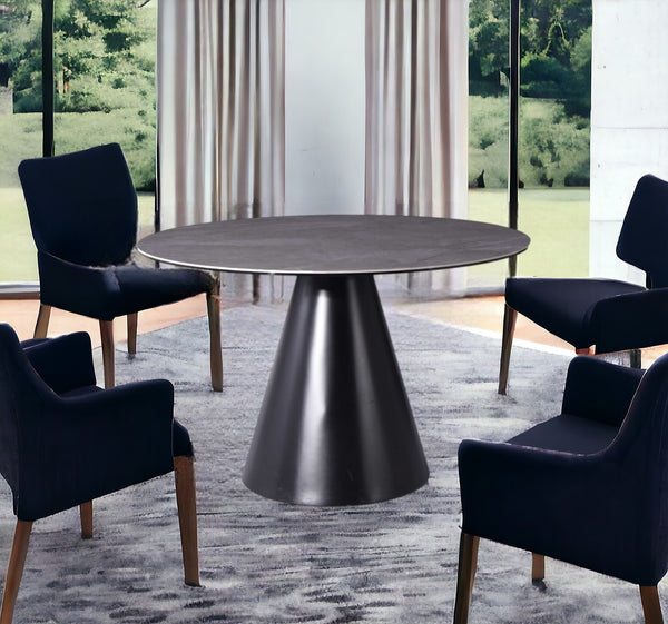 Homeroots 47" Gray Rounded Stone And Iron Pedestal Base Dining Table   370722