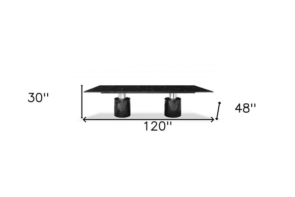 Homeroots 120" Black Marble Double Pedestal Base Dining Table   370723