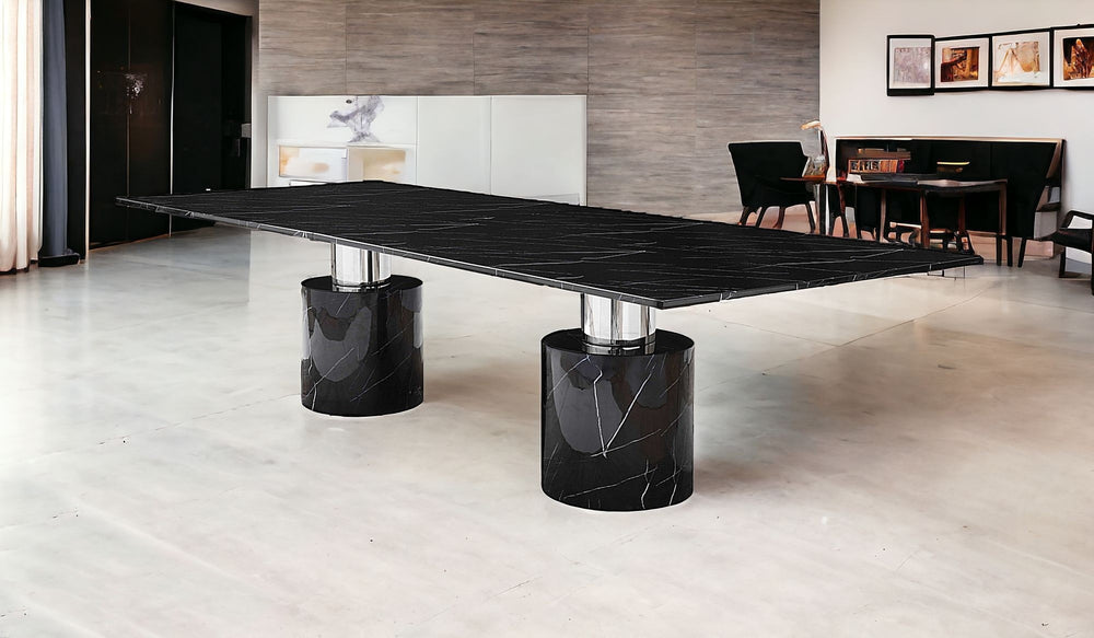 Homeroots 120" Black Marble Double Pedestal Base Dining Table   370723
