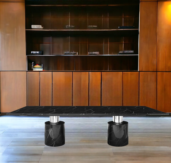 Homeroots 120" Black Marble Double Pedestal Base Dining Table   370723