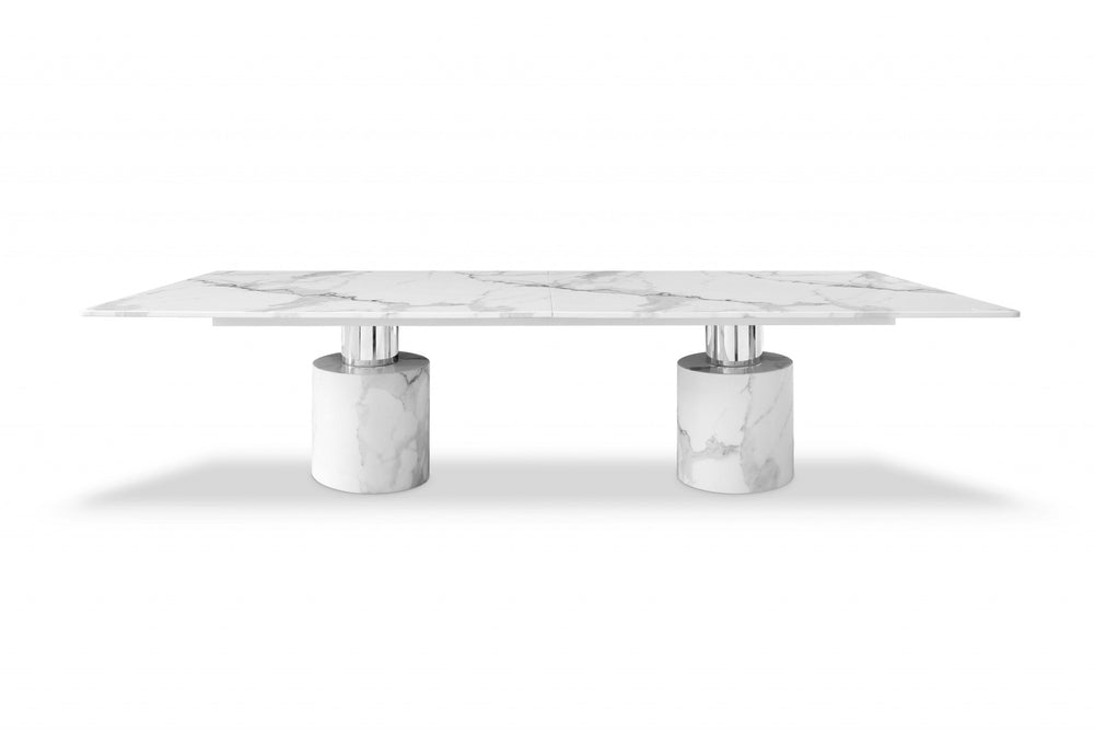 Homeroots 120" White Marble Double Pedestal Base Dining Table   370724