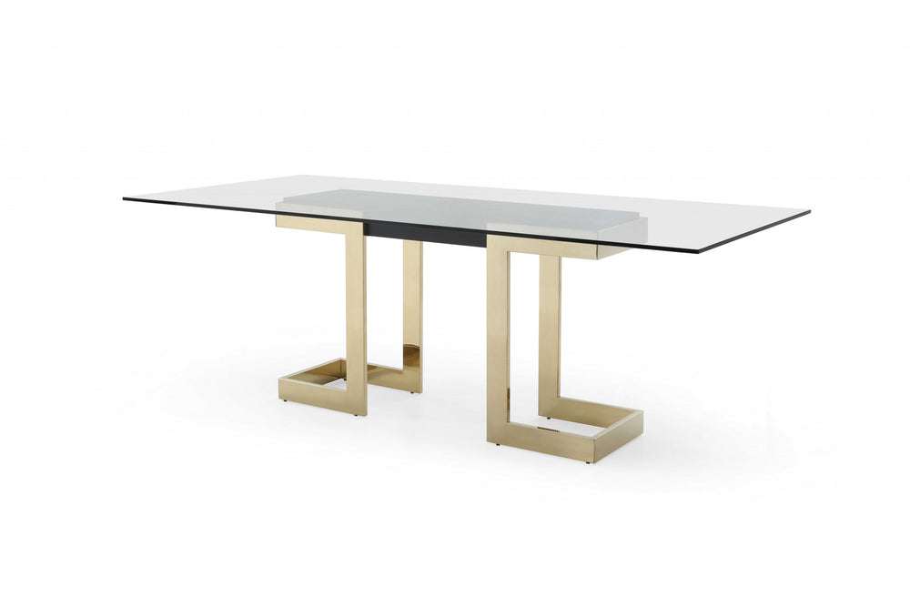 Homeroots 87" Clear And Gold Glass And Stainless Steel Double Pedestal Base Dining Table   370725