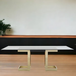 Homeroots 87" Clear And Gold Glass And Stainless Steel Double Pedestal Base Dining Table   370725