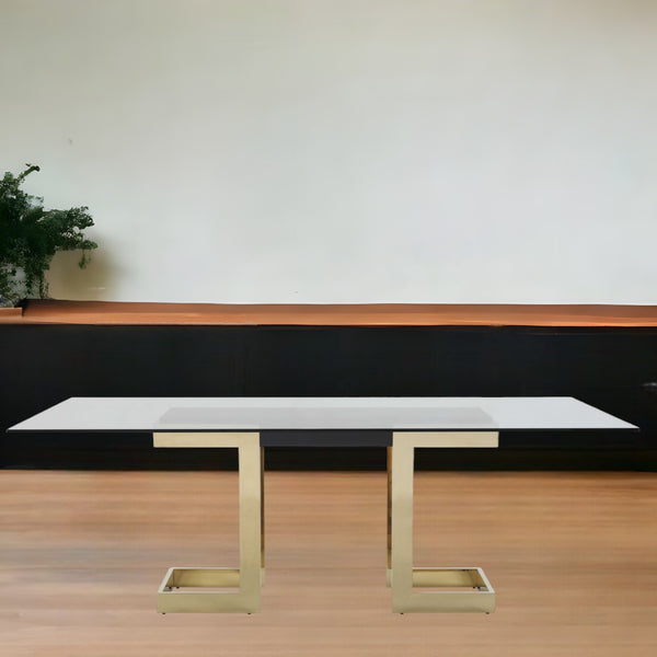 Homeroots 87" Clear And Gold Glass And Stainless Steel Double Pedestal Base Dining Table   370725