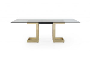 Homeroots 87" Clear And Gold Glass And Stainless Steel Double Pedestal Base Dining Table   370725