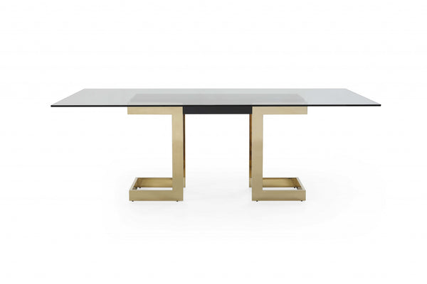 Homeroots 87" Clear And Gold Glass And Stainless Steel Double Pedestal Base Dining Table   370725
