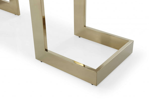 Homeroots 87" Clear And Gold Glass And Stainless Steel Double Pedestal Base Dining Table   370725