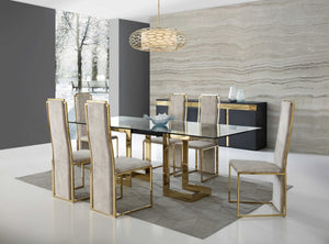 Homeroots 87" Clear And Gold Glass And Stainless Steel Double Pedestal Base Dining Table   370725
