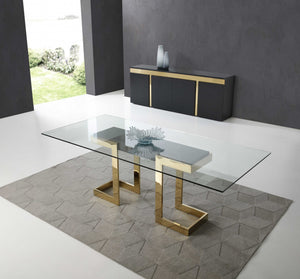 Homeroots 87" Clear And Gold Glass And Stainless Steel Double Pedestal Base Dining Table   370725