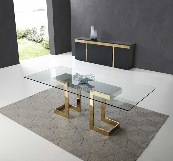 Homeroots 87" Clear And Gold Glass And Stainless Steel Double Pedestal Base Dining Table   370725