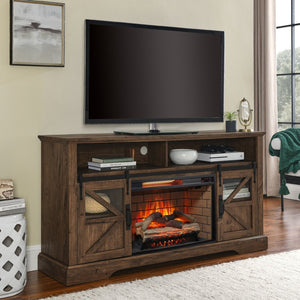 English Elm 60 Inch Farmhouse Electric Fireplace Tv Stand with Led Flame and Cabinet Storage Reclaimed Barnwood W1769S00005