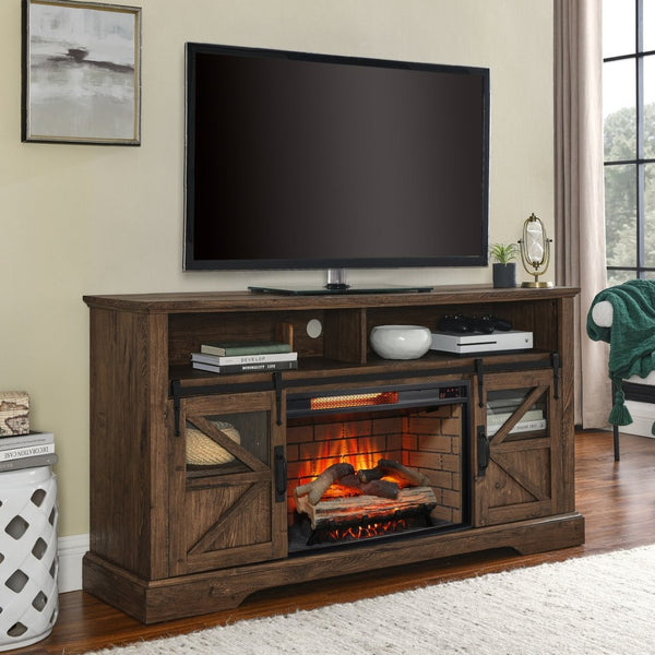 English Elm 60 Inch Farmhouse Electric Fireplace Tv Stand with Led Flame and Cabinet Storage Reclaimed Barnwood W1769S00005