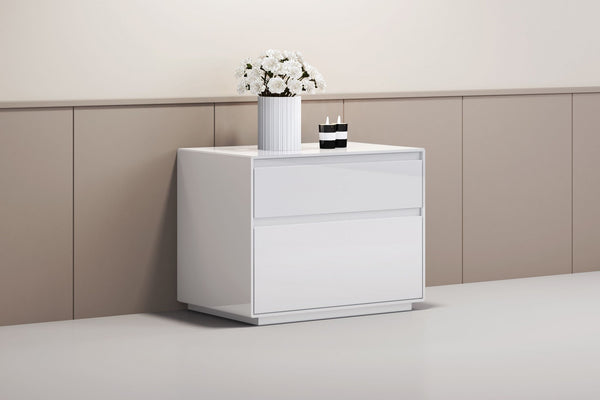 Homeroots Simplistic White Gloss 2 Drawer Nightstand   370748