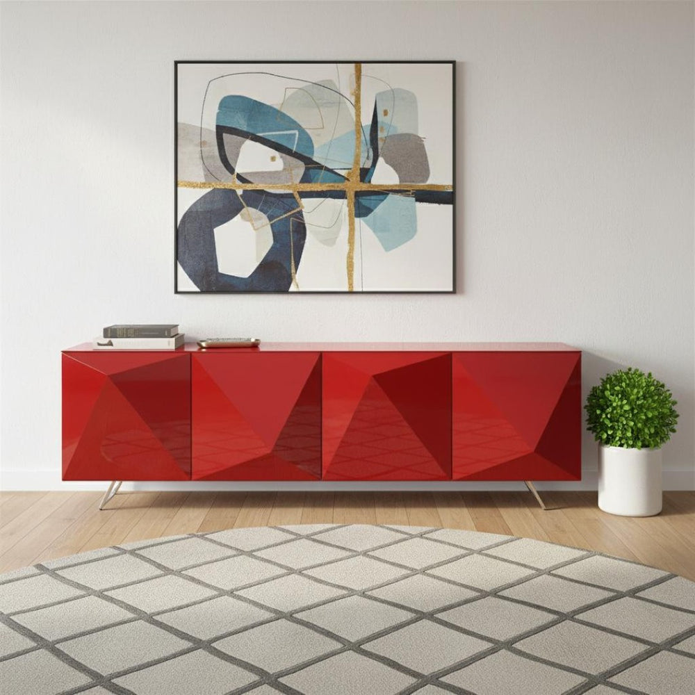 HomeRoots 94" Bold Red and Silver Stainless Steel Console Table – Modern Design for Entryway & Living Room 370756
