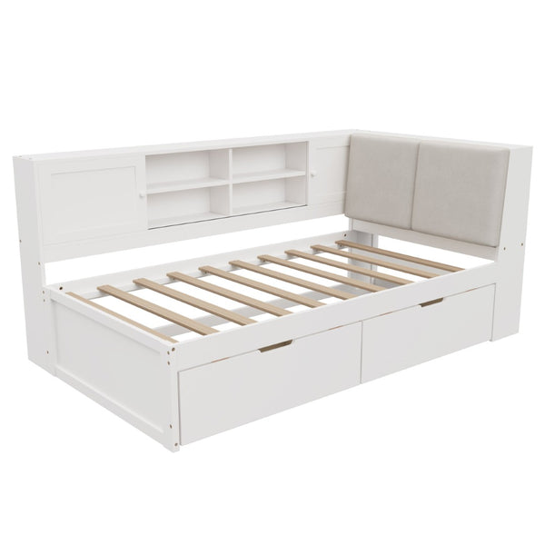 English Elm Wooden Twin L-shaped Corner Bed Pine Frame Bookcase Storage Usb Charging Ports BS701P337660K