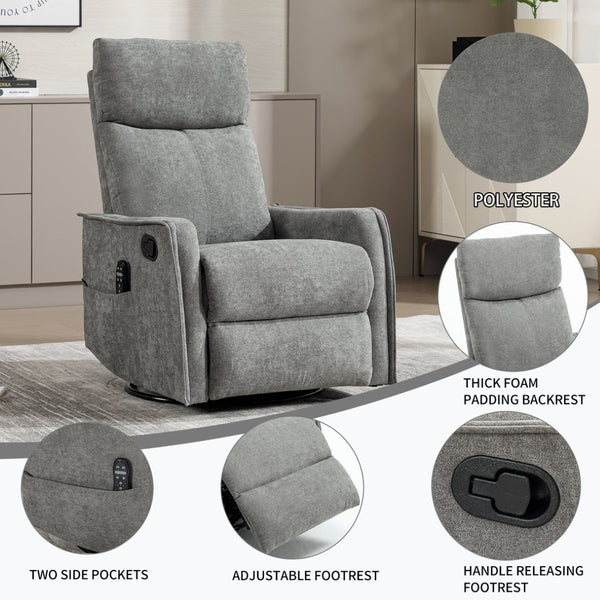English Elm Heat Massage Rocker Swivel Recliner Fabric Chair with Lumbar Therapy for Living Room Grey W1803P362293