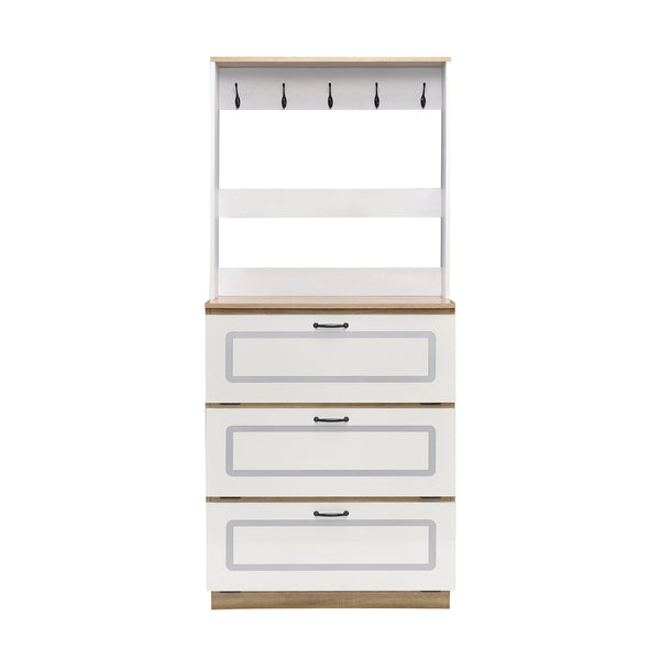 English Elm Light Oak 12-Pair Shoe Cabinet with 3 Drop-Down Drawers, 10 Metal Hooks, Durable 15mm Shelves - Space-Saving Entryway Storage (47.5" H x 32.5" W x 12.5" D) B062P189216