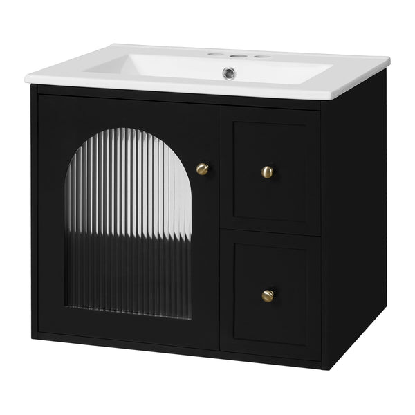 English Elm 24" Modern Wall-Mount Bathroom Vanity with Ceramic Sink, Glass Door Cabinet, 2 Drawers, Soft-Close Black N710P286704B