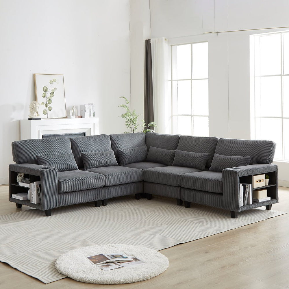 English Elm 102.75*102.75" L-Shaped Modular Sectional Sofa with Corduroy Upholstery, Storage Arm, Cup Holder, 5-Seat Convertible Lounge Grey W1926S00055