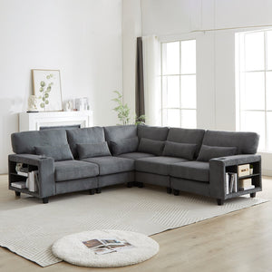 English Elm 102.75*102.75" L-Shaped Modular Sectional Sofa with Corduroy Upholstery, Storage Arm, Cup Holder, 5-Seat Convertible Lounge Grey W1926S00055