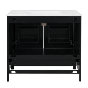 English Elm 36" Black Bathroom Vanity with Ceramic Sink, Soft-Close Doors, Divided Drawer & Double Shelves — Modern Storage Solution for Small to Medium Baths N729P276609B