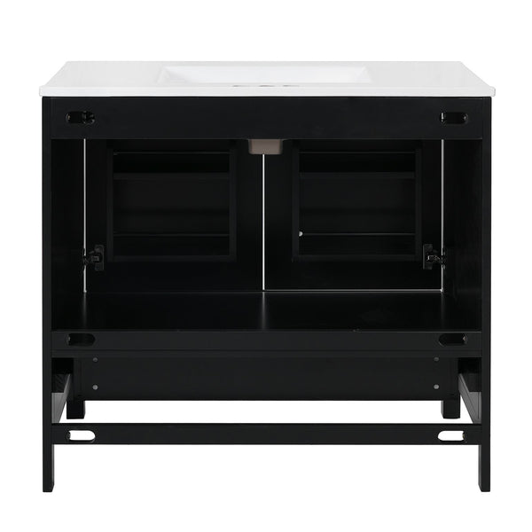 English Elm 36" Black Bathroom Vanity with Ceramic Sink, Soft-Close Doors, Divided Drawer & Double Shelves — Modern Storage Solution for Small to Medium Baths N729P276609B