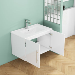 English Elm 30-Inch Sleek White Gloss Wall-Mounted Bathroom Vanity With Gold Handles & Soft-Close Doors, Easy Install W3151S00052