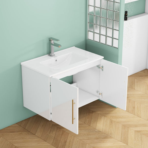 English Elm 30-Inch Sleek White Gloss Wall-Mounted Bathroom Vanity With Gold Handles & Soft-Close Doors, Easy Install W3151S00052