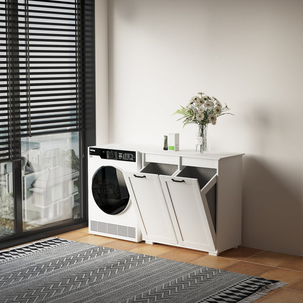English Elm Laundry Cabinet Dual-Compartment Hamper with 2 Removable Liner Bags, Durable Melamine Finish, Space-Saving Storage W331P206345