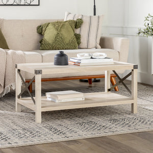 English Elm Walker Edison - Farmhouse Metal-X Coffee Table White Oak/Bronze — Rustic Industrial MDF, X-Metal Accents & Lower Shelf B185P326690