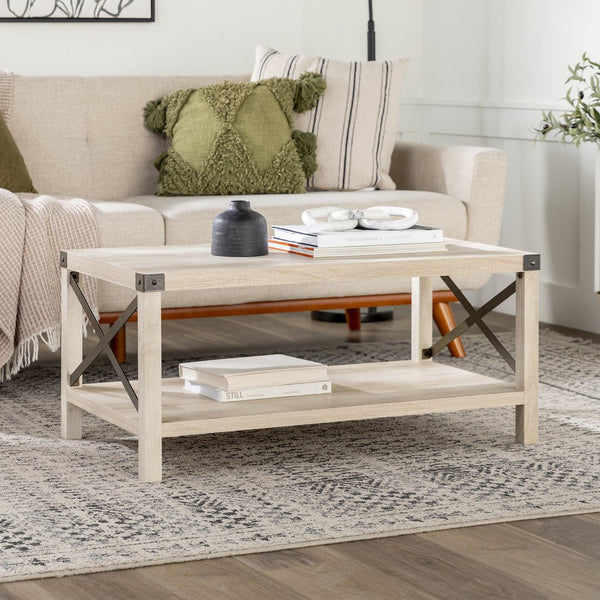 English Elm Walker Edison - Farmhouse Metal-X Coffee Table White Oak/Bronze — Rustic Industrial MDF, X-Metal Accents & Lower Shelf B185P326690