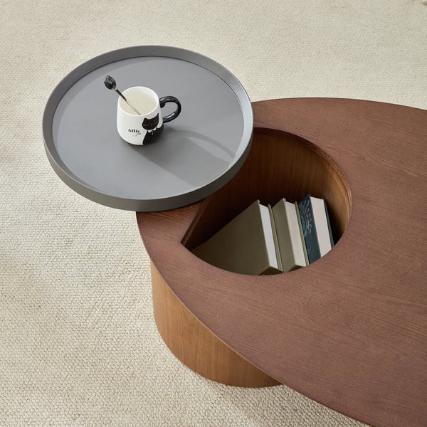 English Elm Modern Oval Ash Veneer Coffee Table with Hidden Storage for Minimalist Living Rooms Grey,Walnut W2085S00104