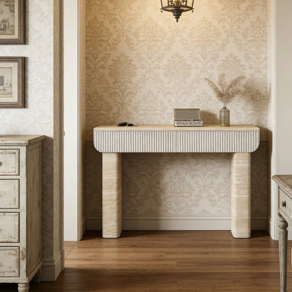 English Elm Entryway Console Table with Fluted Drawers Woodgrain Finish for Hallway or Living Room W3040P428693